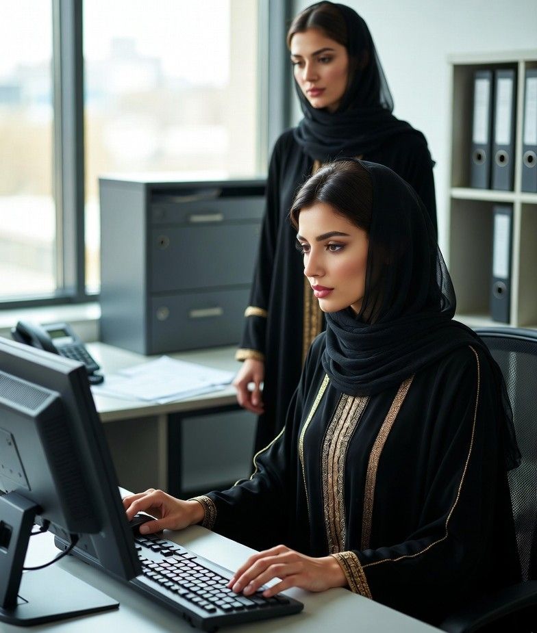 Kuwaiti women working in a modern bank office