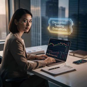 A confident female trader working on a laptop with financial charts on the screen, a glowing digital coupon icon beside her symbolizing discounted access to trading evaluations, representing women’s financial empowerment and smart money management.
