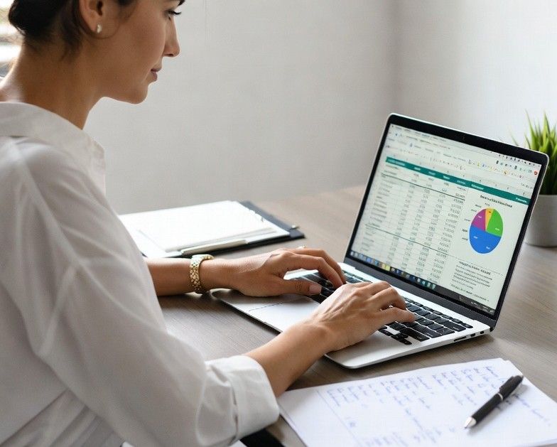 entrepreneur reviewing finances on a laptop with charts and notes